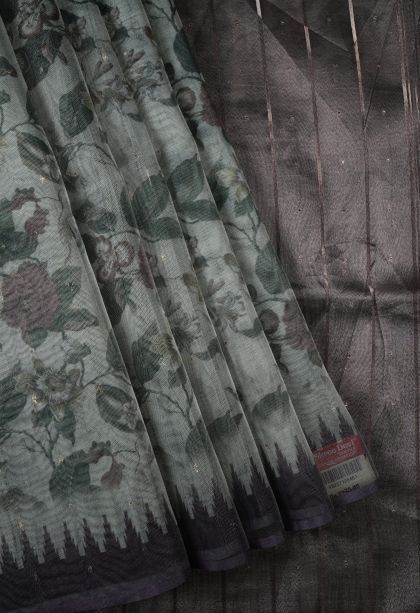 Sage Green Organza Saree with Without Zari Zari Floral Patterns