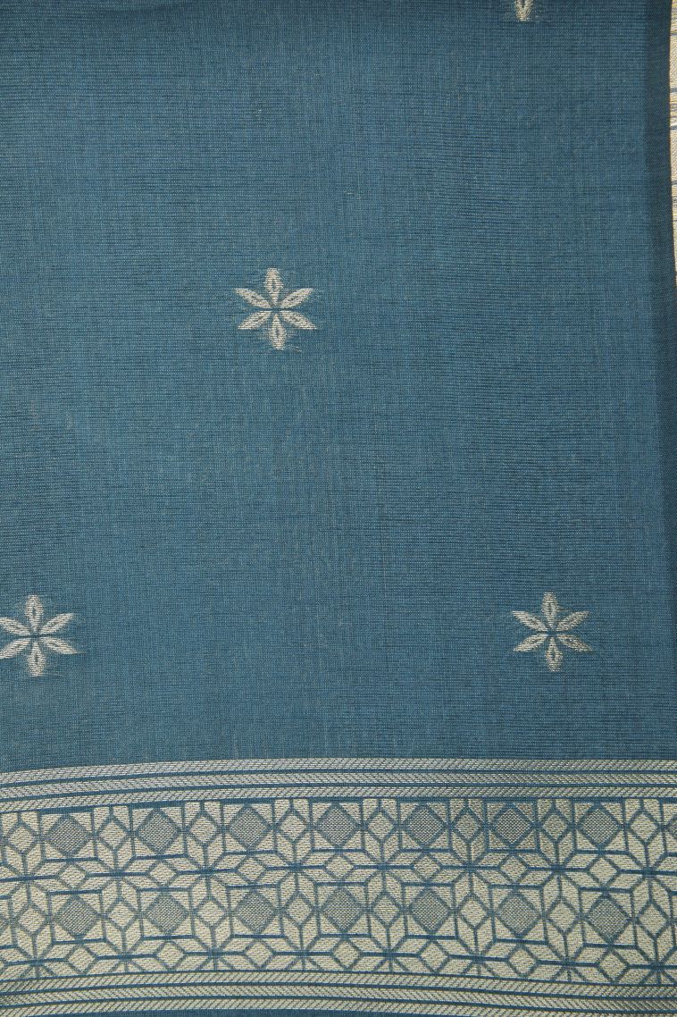 Stone Blue Tussar Saree with Gold Zari Floral Patterns view 3