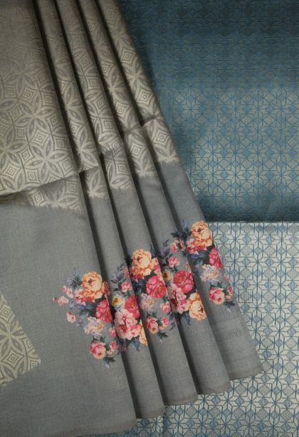 Stone Blue Tussar Saree with Gold Zari Floral Patterns