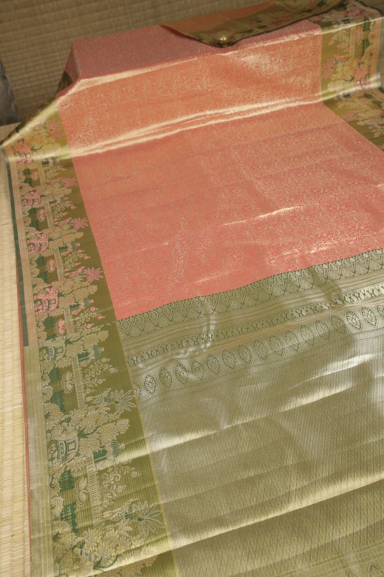 Carrot Orange Tissue Silk Sarees with Silver Zari Floral Patterns view 2