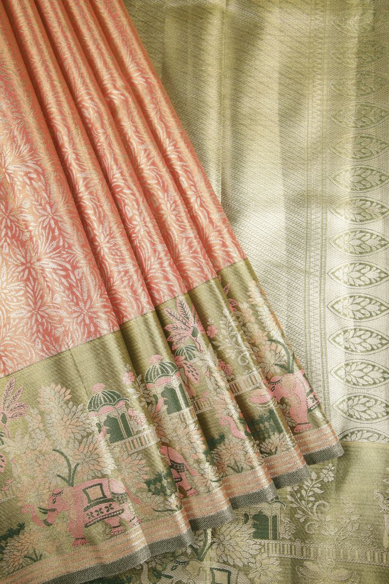 Carrot Orange Tissue Silk Sarees with Silver Zari Floral Patterns view 1