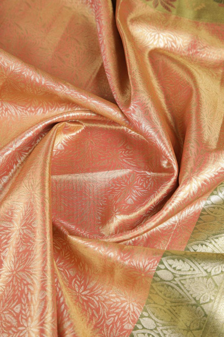 Carrot Orange Tissue Silk Sarees with Silver Zari Floral Patterns view 4