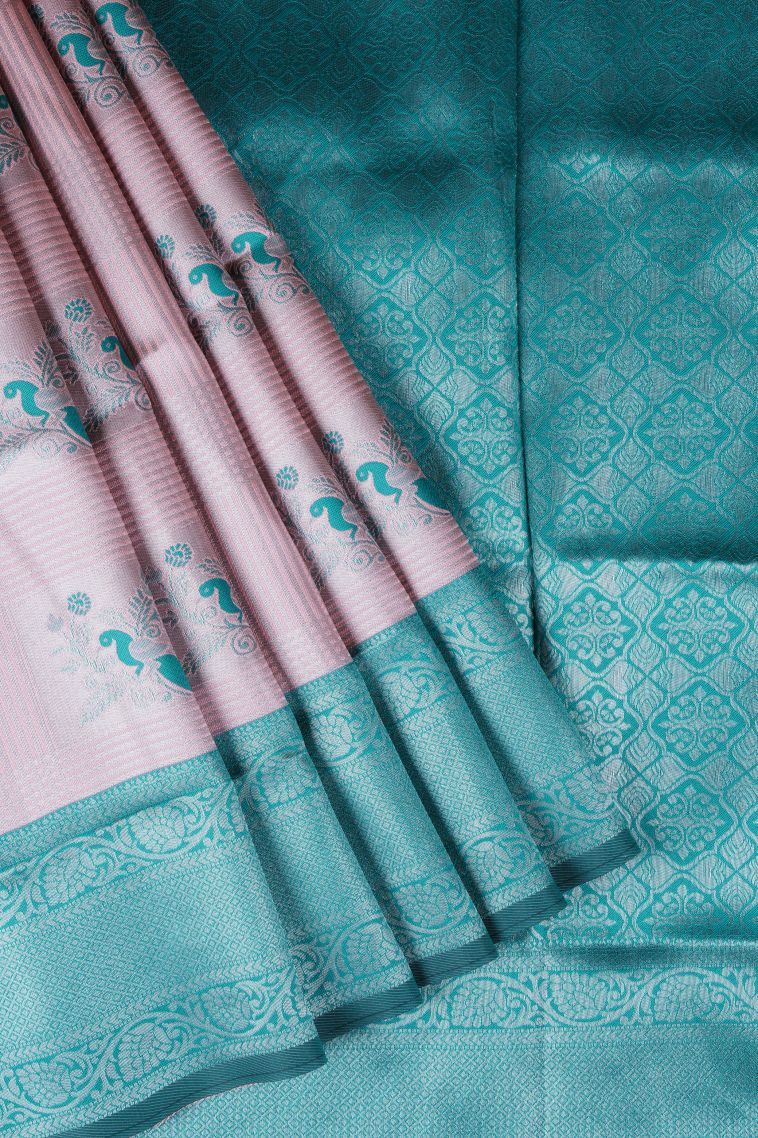 Blush Pink Apoorva Silk Sarees with Silver Zari Checks view 1