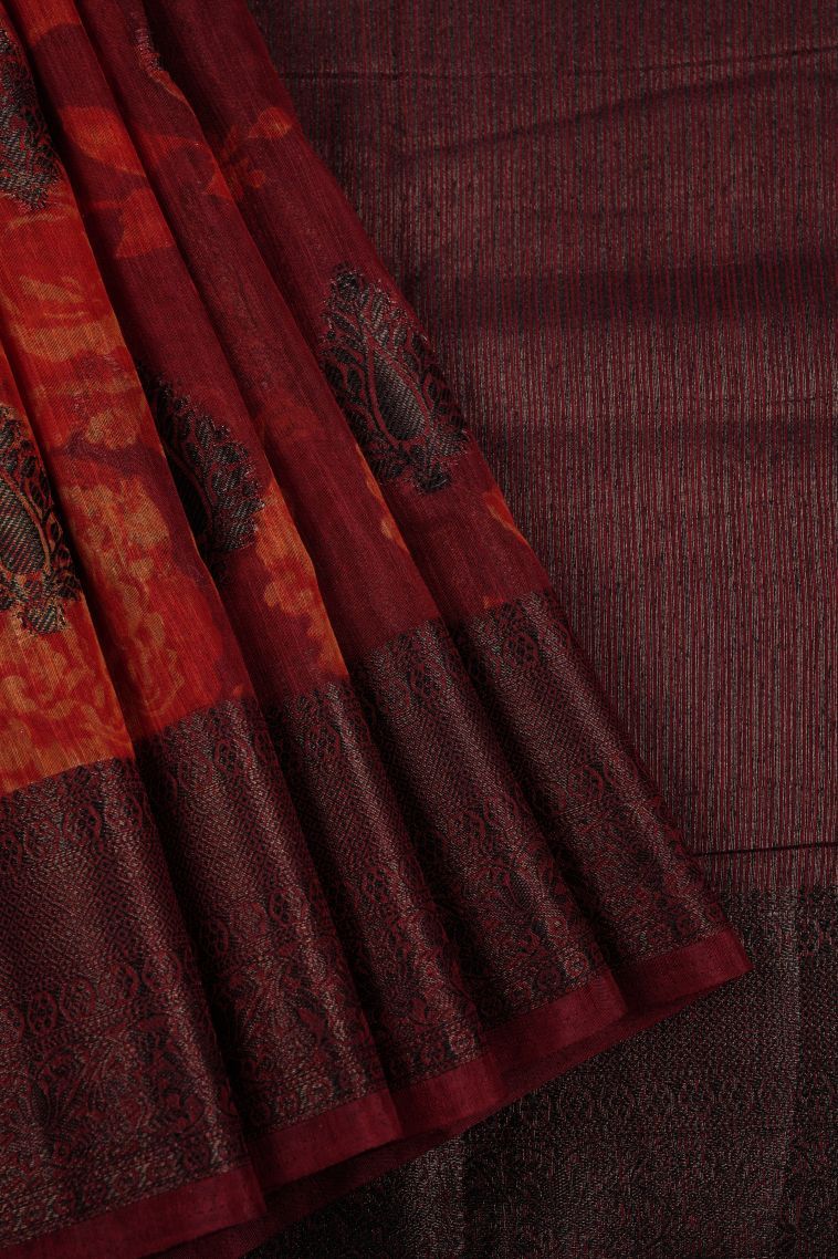 Berry Red Art Silk with Bronze Zari Floral Patterns view 1
