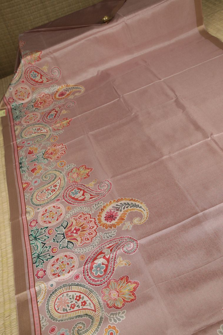 Peach Pink Tussar Saree with Gold Zari Floral Patterns view 2