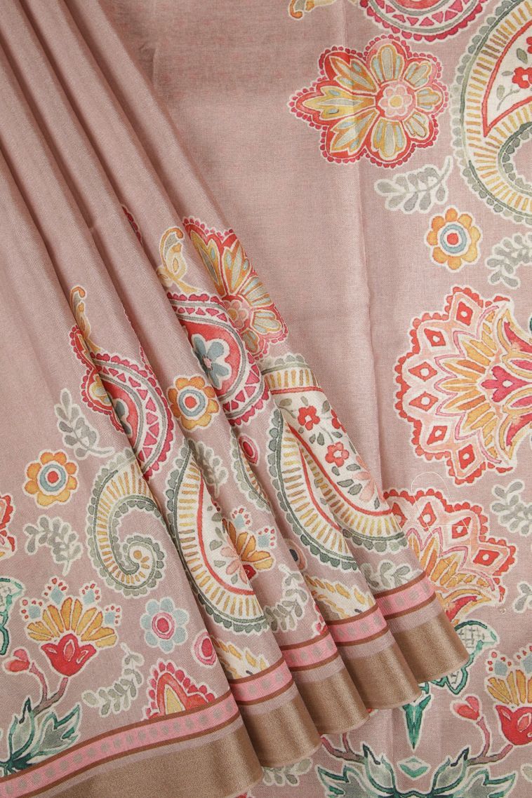 Peach Pink Tussar Saree with Gold Zari Floral Patterns view 1