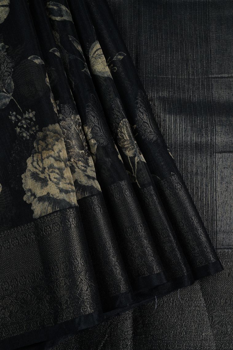 Asphalt Black Art Silk with Bronze Zari Floral Patterns view 1