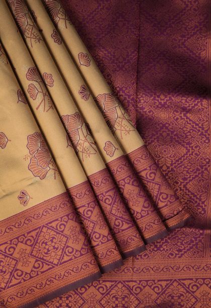 Biscotti Yellow Apoorva Silk Sarees with Copper Zari Buttis (small Dots Or Motifs)