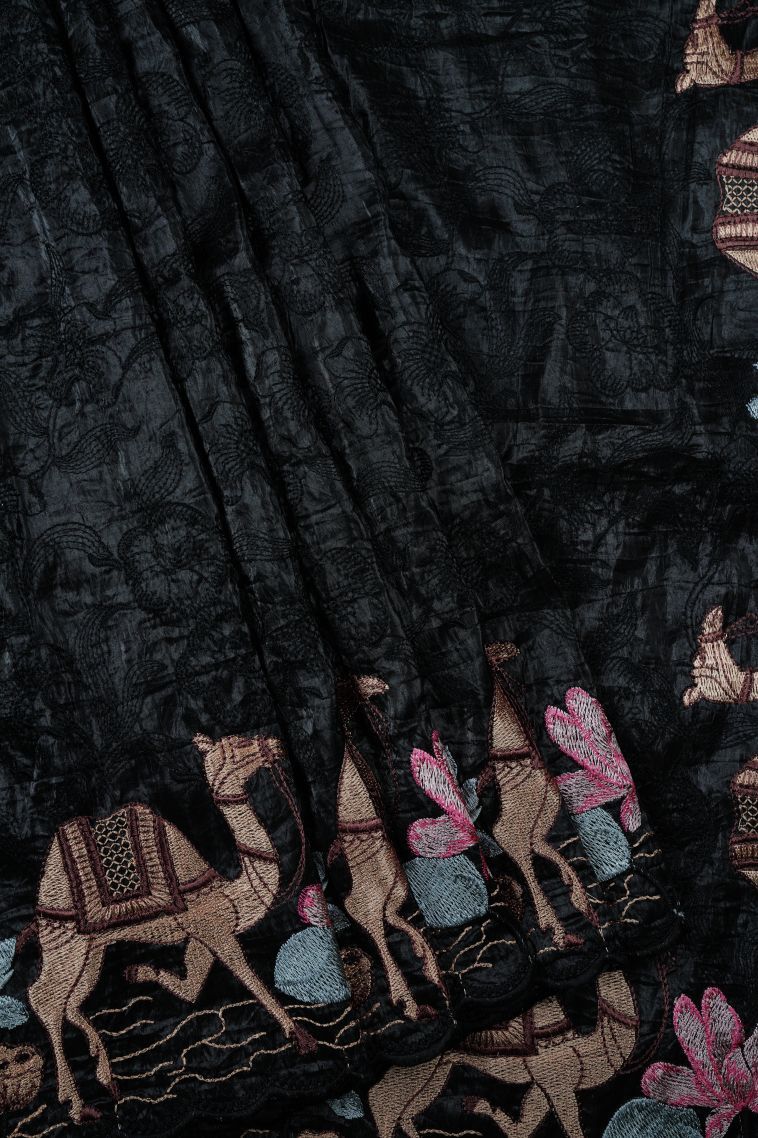 Asphalt Black Organza Saree with Without Zari Zari Floral Patterns view 1