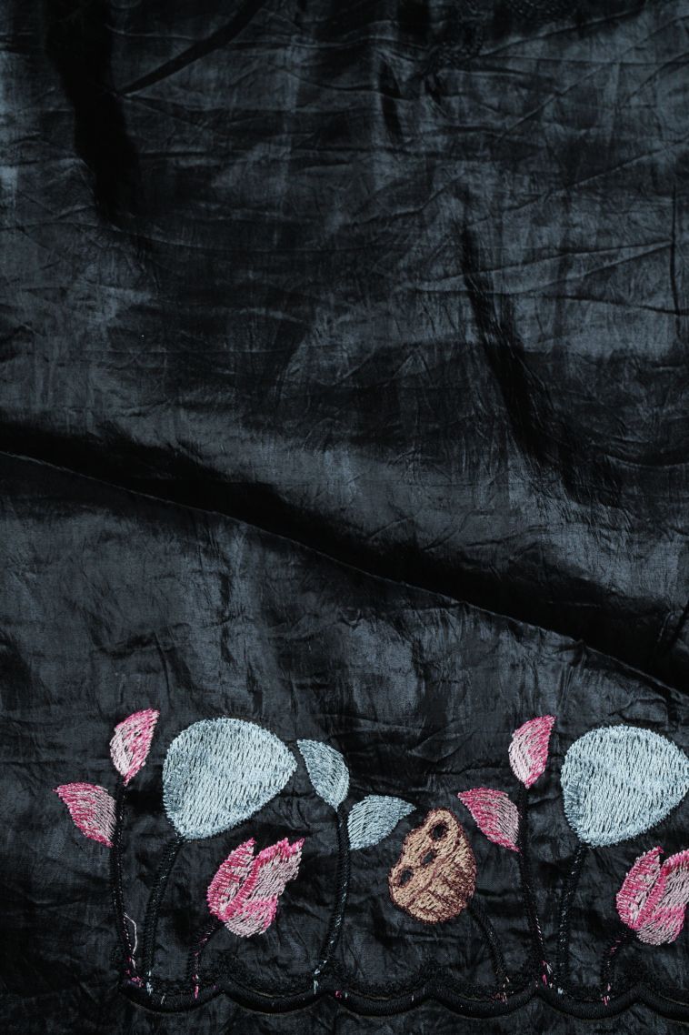 Asphalt Black Organza Saree with Without Zari Zari Floral Patterns view 3