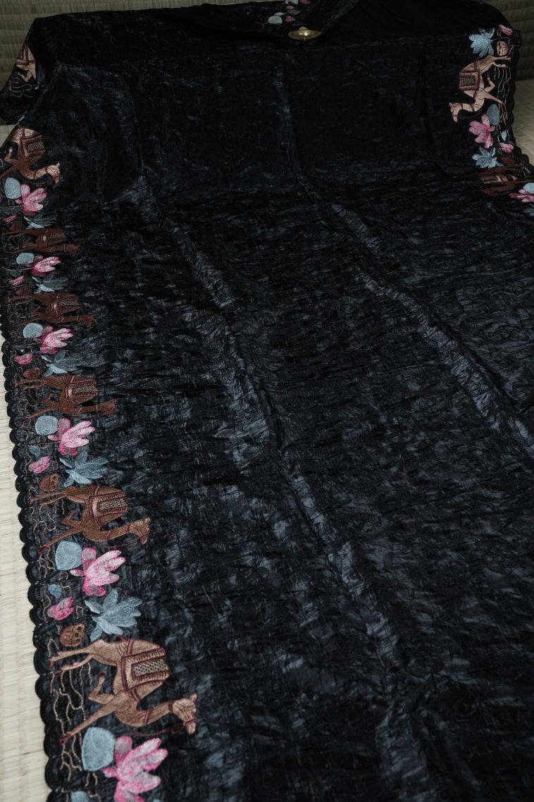 Asphalt Black Organza Saree with Without Zari Zari Floral Patterns view 2