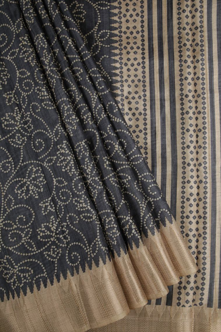 Charcoal Black Tussar Saree with Without Zari Zari Buttis (small Dots Or Motifs) view 1