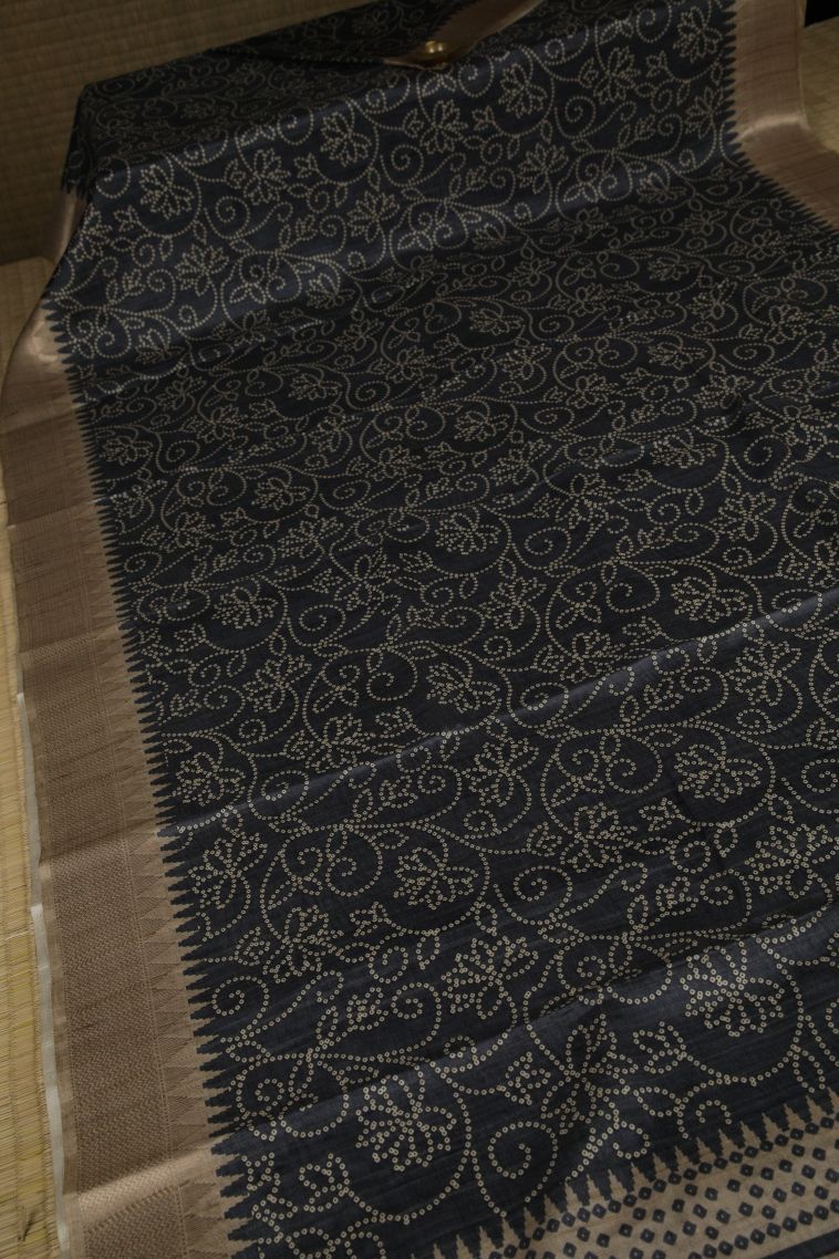 Charcoal Black Tussar Saree with Without Zari Zari Buttis (small Dots Or Motifs) view 2