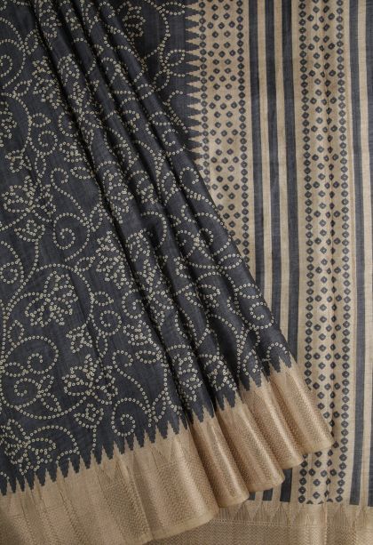 Charcoal Black Tussar Saree with Without Zari Zari Buttis (small Dots Or Motifs)