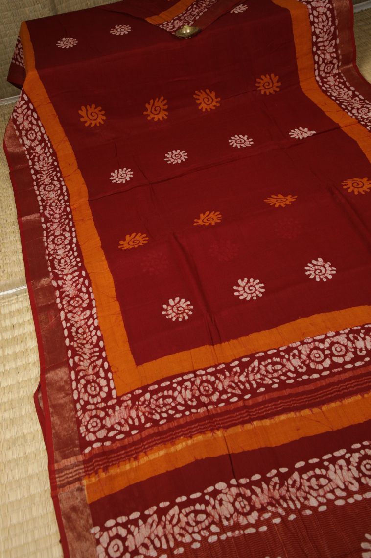 Cherry  Red Chanderi Cotton Sarees with Without Zari Zari Floral Patterns view 2