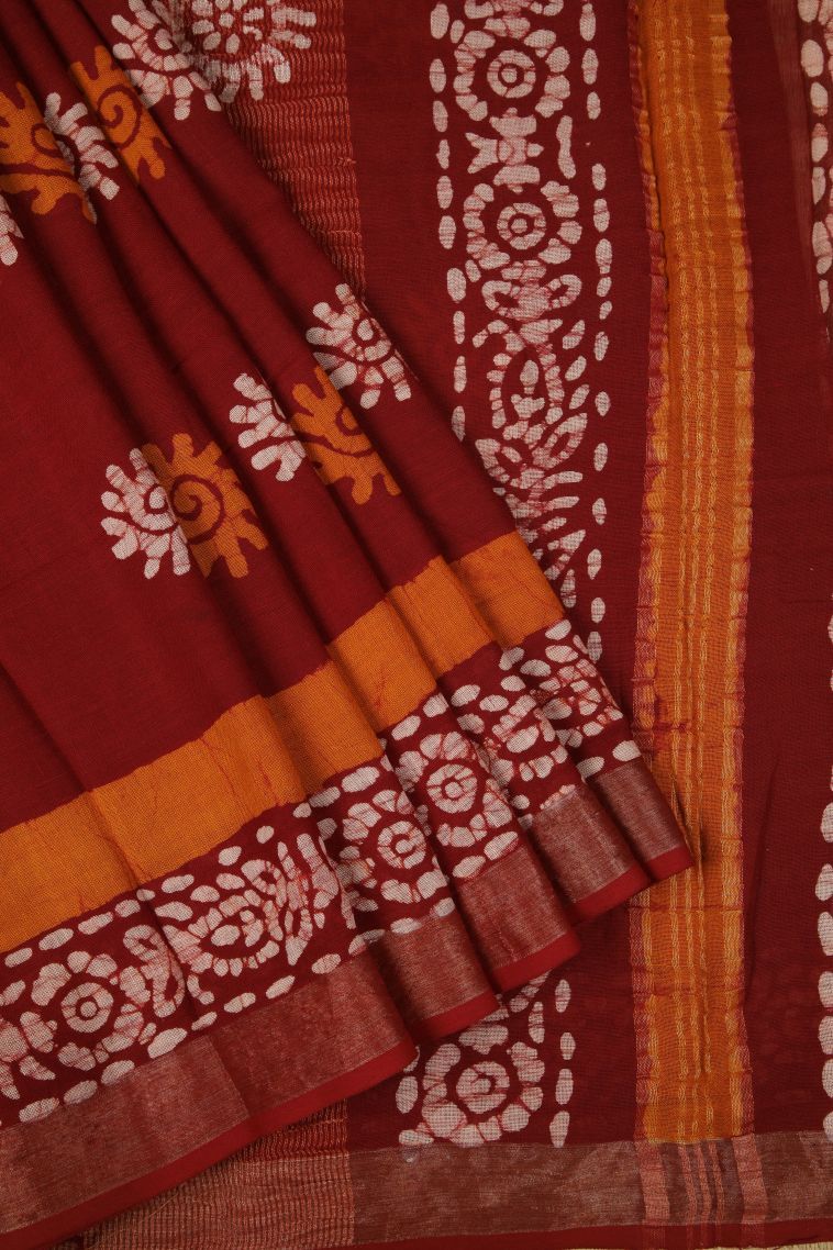 Cherry  Red Chanderi Cotton Sarees with Without Zari Zari Floral Patterns view 1
