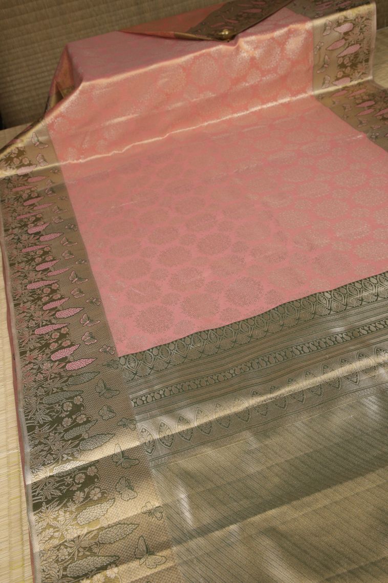 Peach Pink Tissue Silk Sarees with Silver Zari Floral Patterns view 2
