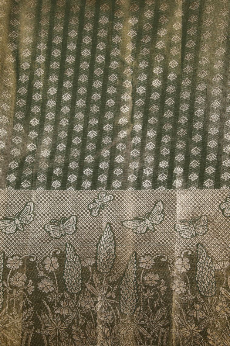 Peach Pink Tissue Silk Sarees with Silver Zari Floral Patterns view 3