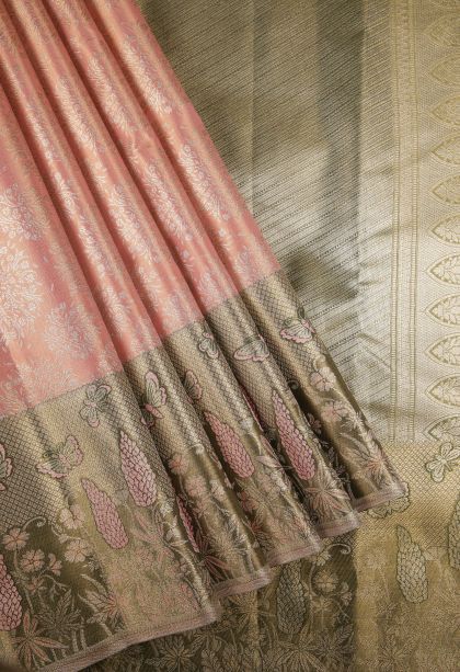 Peach Pink Tissue Silk Sarees with Silver Zari Floral Patterns