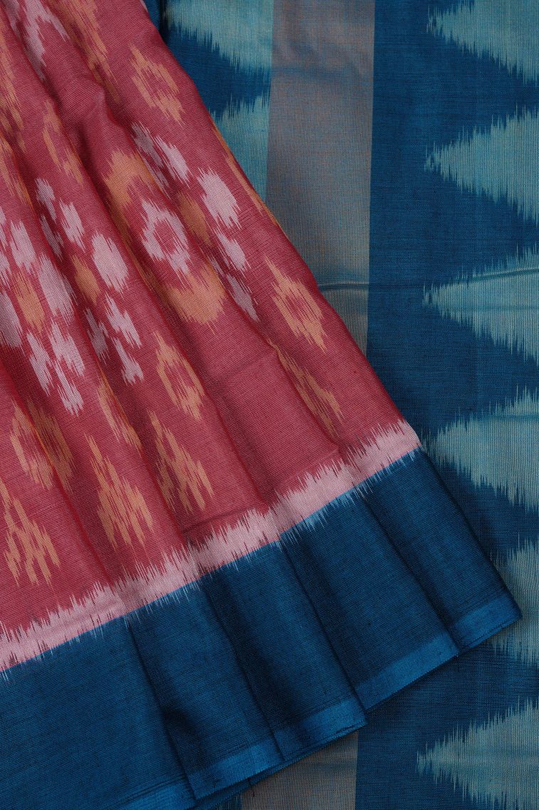 Peach Pink Ikkat Cotton Sarees with Without Zari Zari Geometric Shapes view 1