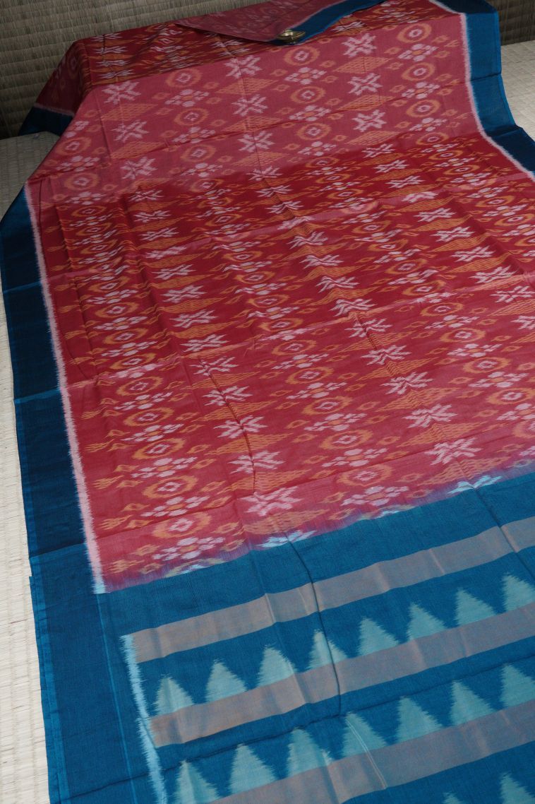 Peach Pink Ikkat Cotton Sarees with Without Zari Zari Geometric Shapes view 2