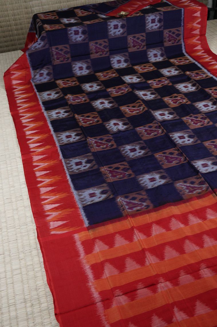 Navy Blue Ikkat Cotton Sarees with Without Zari Zari Geometric Shapes view 2