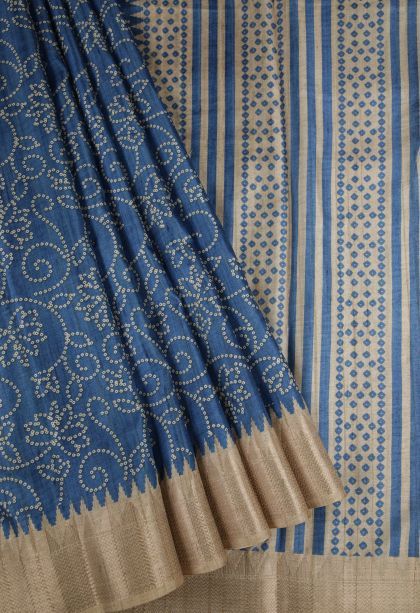 Aegean Blue Tussar Saree with Without Zari Zari Buttis (small Dots Or Motifs)