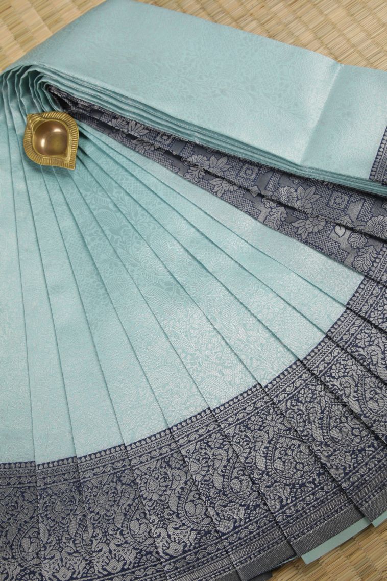 Sky Blue Visiri Madippu Silk Sarees with Silver Zari Floral Patterns view 1