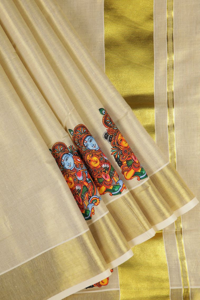 Cream White Silk Cotton with Gold Zari Buttis (small Dots Or Motifs) view 1