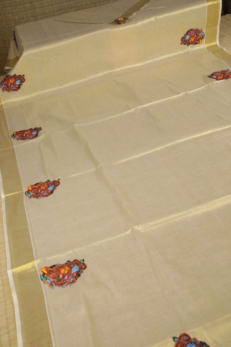 Cream White Silk Cotton with Gold Zari Buttis (small Dots Or Motifs) view 2