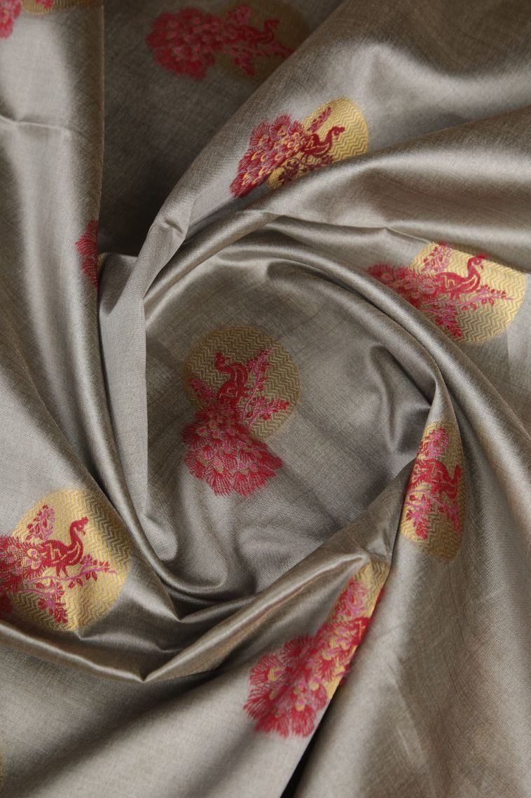 Gray Black Tussar Saree with Gold Zari Buttis (small Dots Or Motifs) view 4