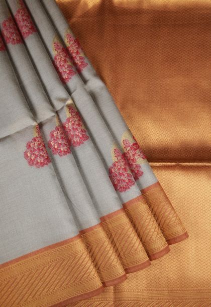 Gray Black Tussar Saree with Gold Zari Buttis (small Dots Or Motifs)