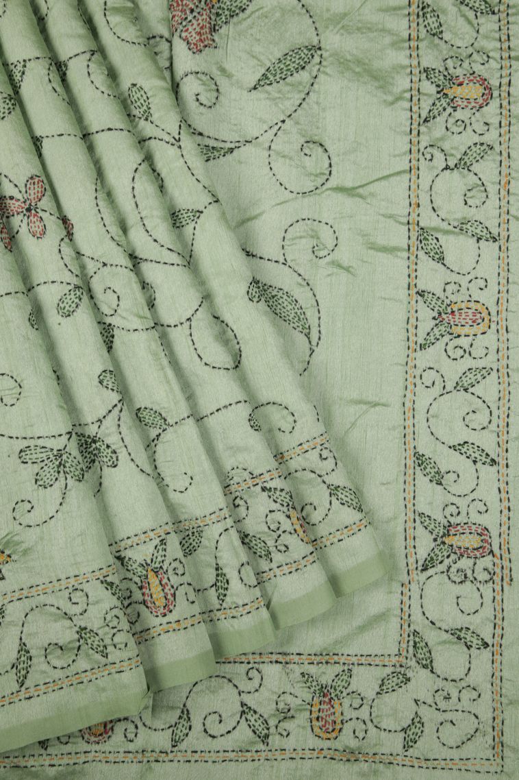 Mint Green Tussar Silk Saree with Without Zari Zari Floral Patterns view 1