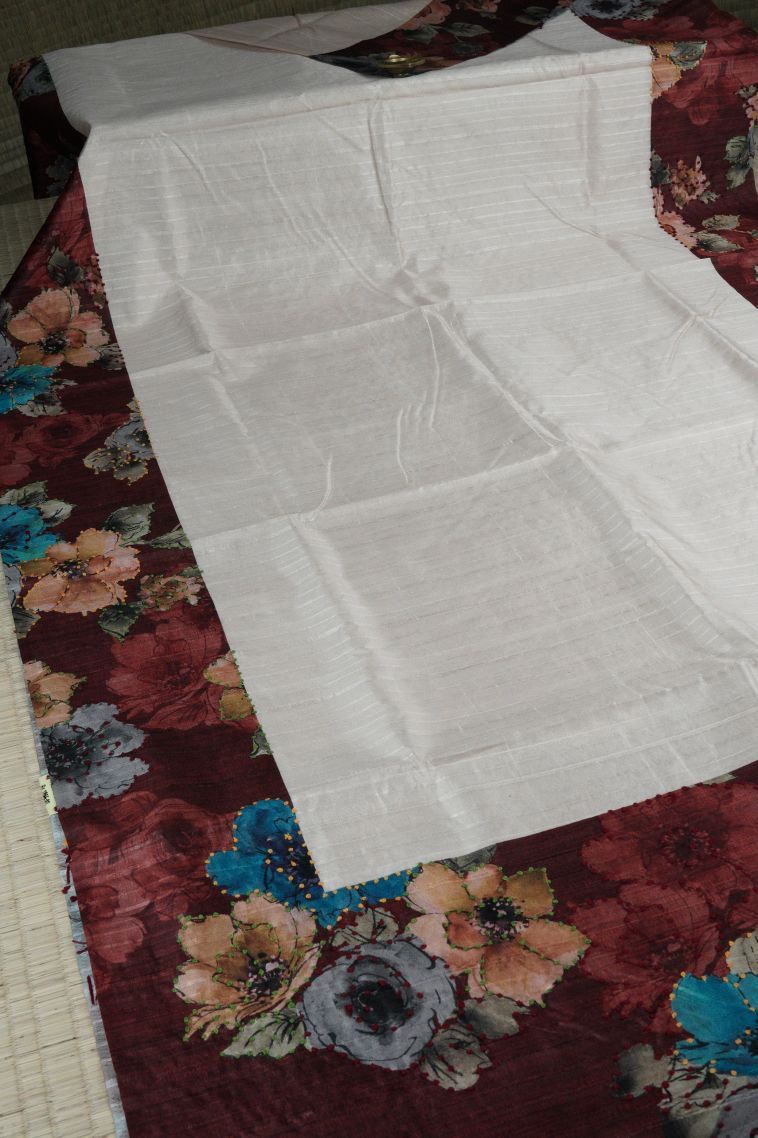 Chiffon White Tussar Silk Saree with Without Zari Zari Plain view 2