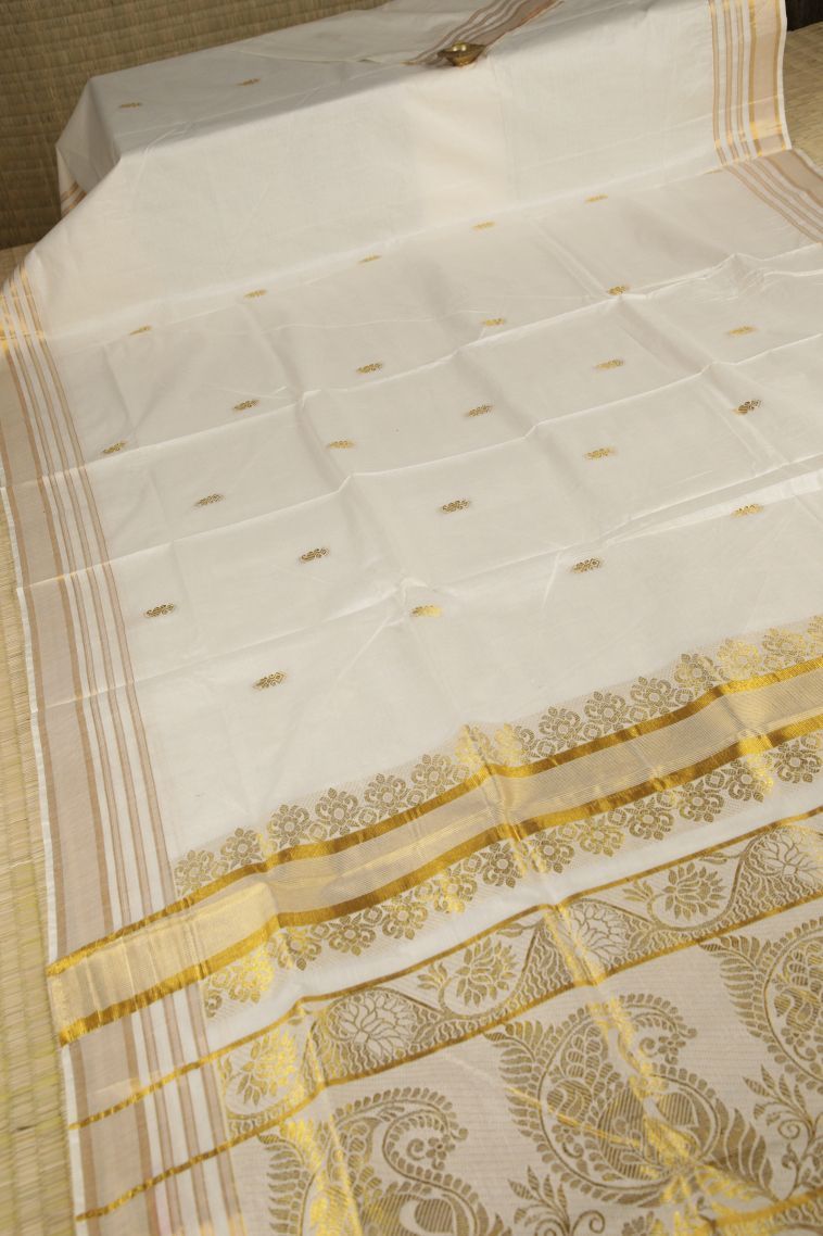 Cream White Silk Cotton with Gold Zari Buttis (small Dots Or Motifs) view 2