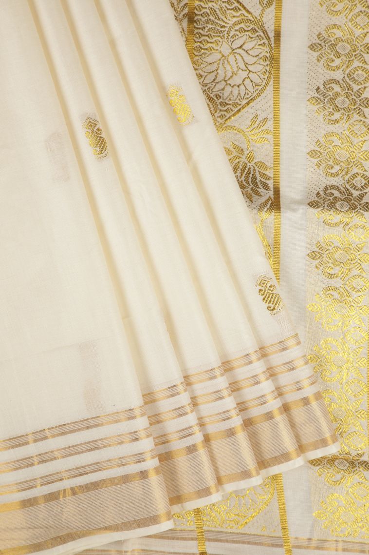 Cream White Silk Cotton with Gold Zari Buttis (small Dots Or Motifs) view 1