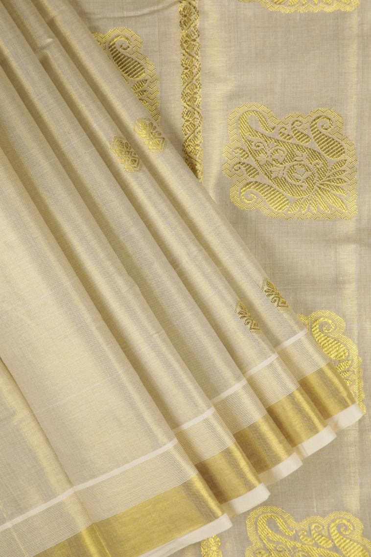 Cream White Silk Cotton with Gold Zari Buttis (small Dots Or Motifs) view 1