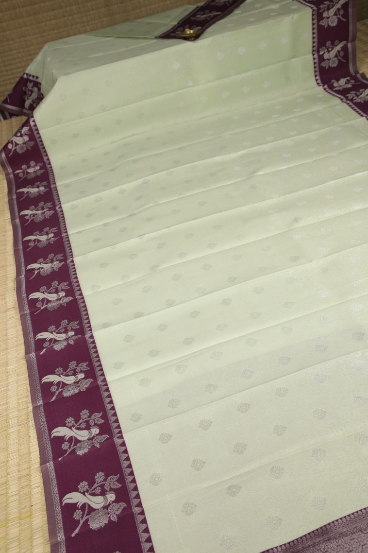 Pistachio Green Visiri Madippu Silk Sarees with Silver Zari Buttis (small Dots Or Motifs) view 2