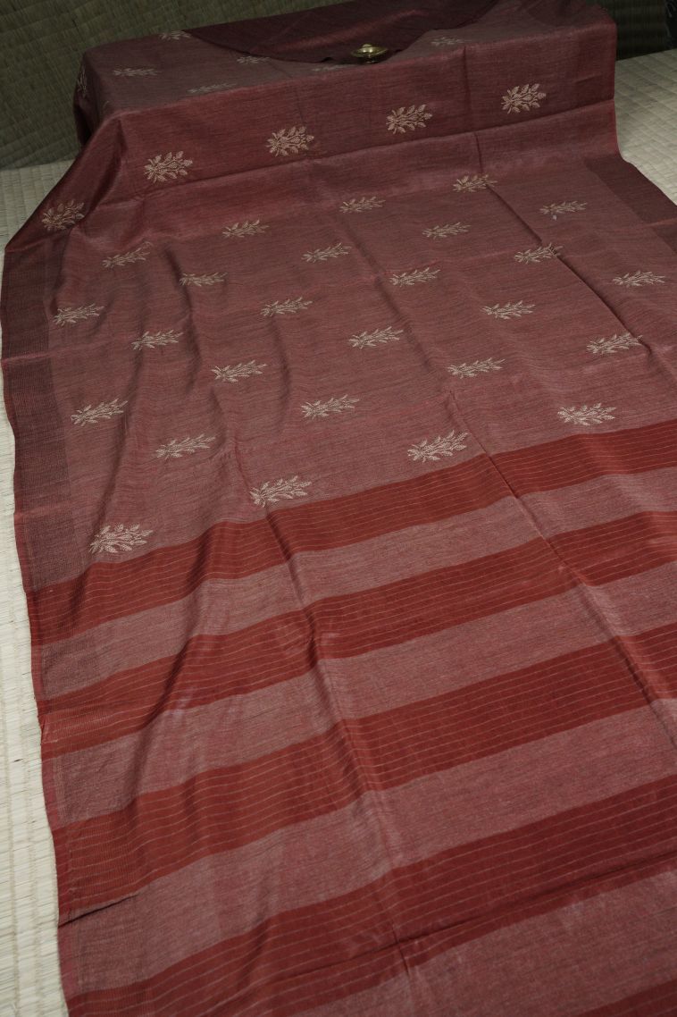Sangria Red Tussar Saree with Bronze Zari Floral Patterns view 2