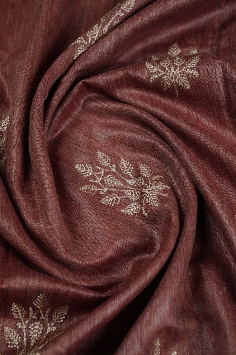 Sangria Red Tussar Saree with Bronze Zari Floral Patterns view 4