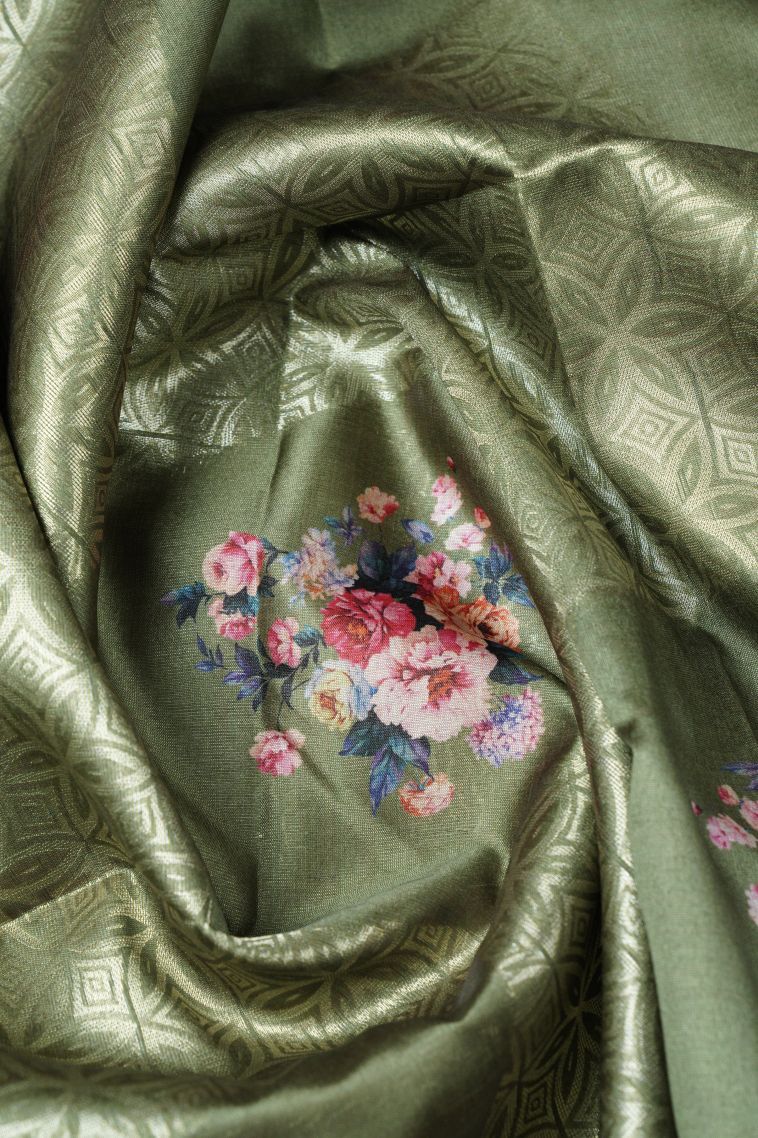 Juniper Green Tussar Saree with Without Zari Zari Floral Patterns view 4