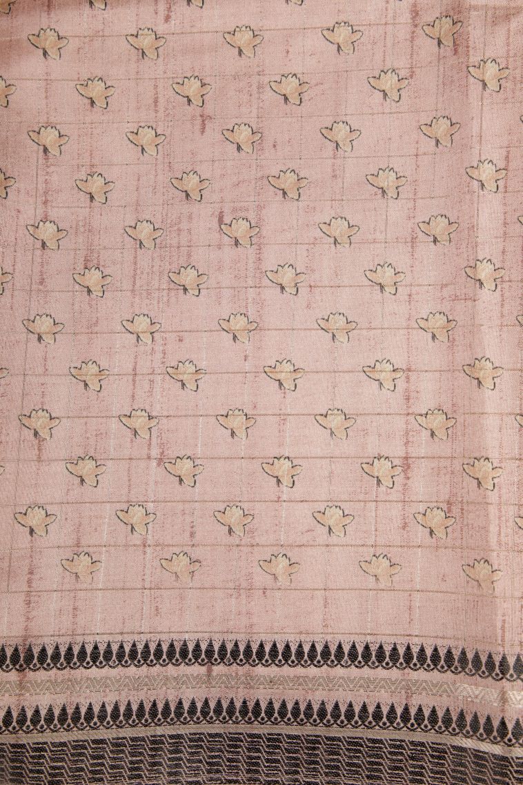 Salmon Pink Tussar Saree with Gold Zari Floral Patterns view 3