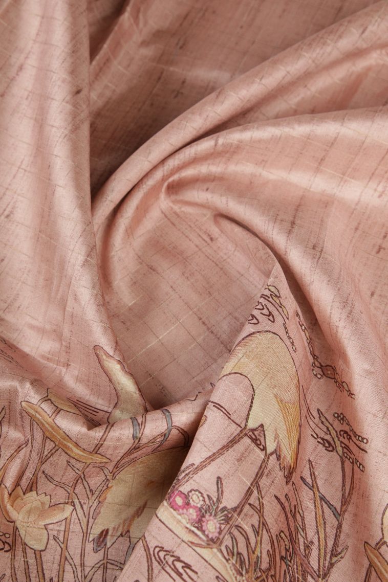 Salmon Pink Tussar Saree with Gold Zari Floral Patterns view 4