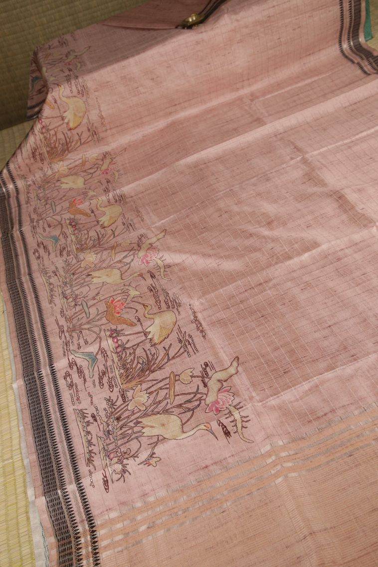 Salmon Pink Tussar Saree with Gold Zari Floral Patterns view 2
