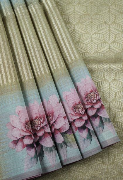 Sage Green Tussar Saree with Without Zari Zari Floral Patterns