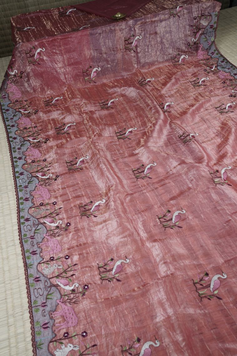 Rosewood Pink Organza Saree with Without Zari Zari Floral Patterns view 2