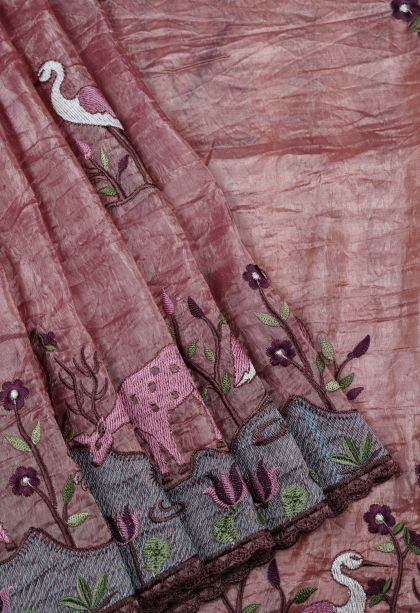 Rosewood Pink Organza Saree with Without Zari Zari Floral Patterns