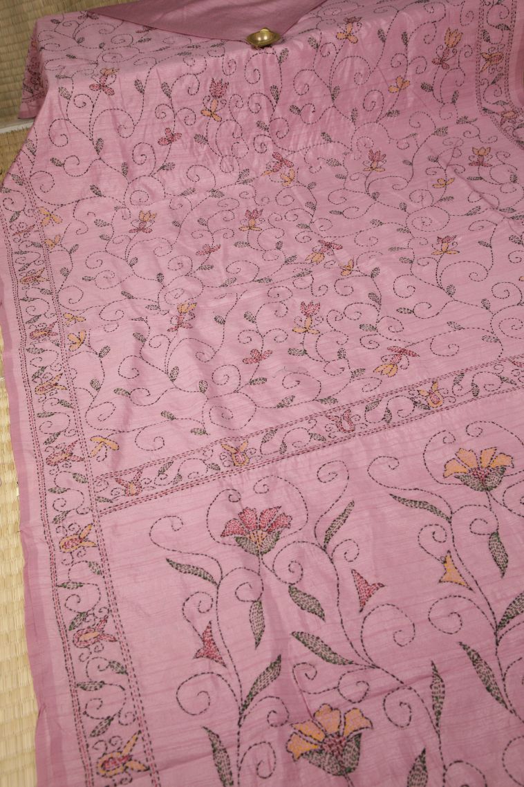 Blush Pink Tussar Silk Saree with Without Zari Zari Floral Patterns view 2