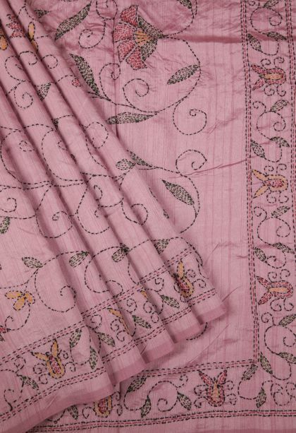 Blush Pink Tussar Silk Saree with Without Zari Zari Floral Patterns