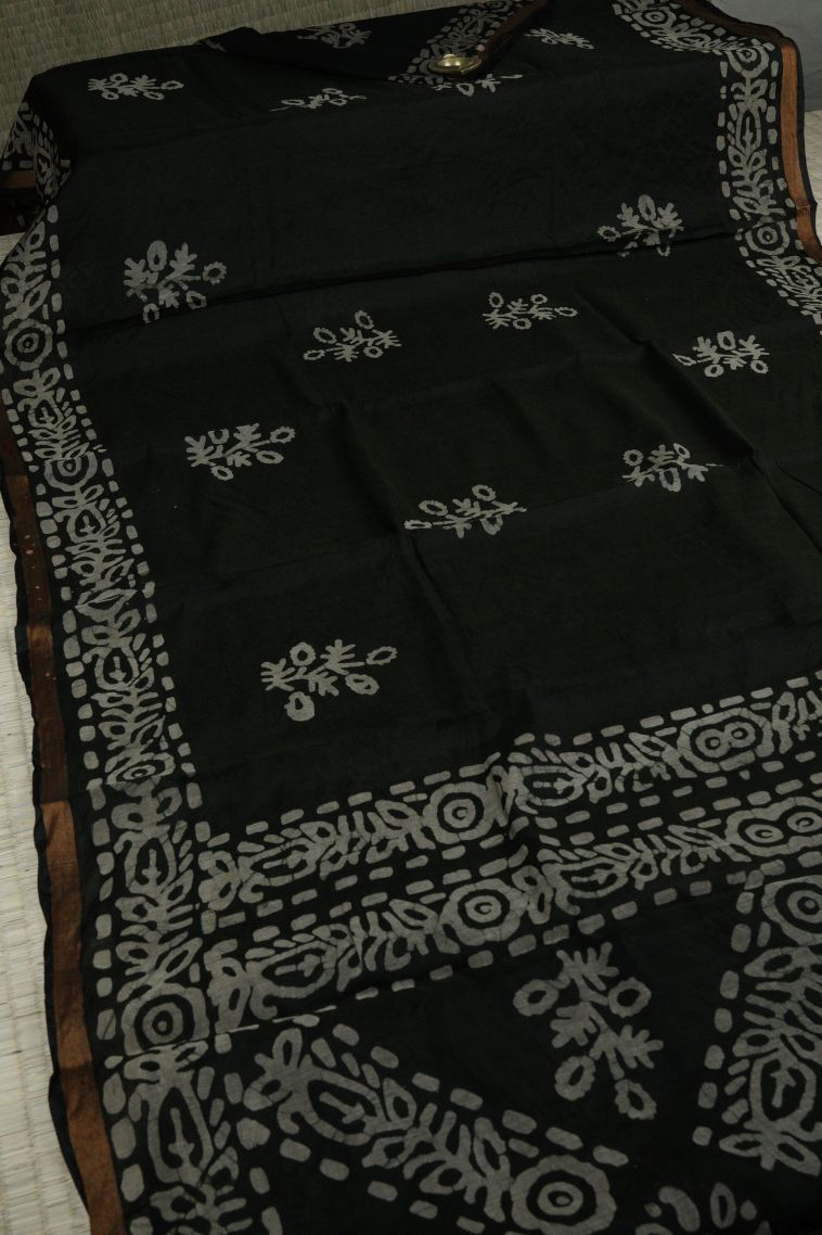 Rock Black Chanderi Cotton Sarees with Without Zari Zari Floral Patterns view 2